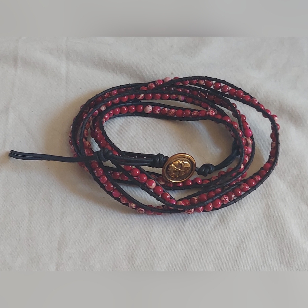 Handmade Magenta Bead & Black Leather Wrap Bracelet